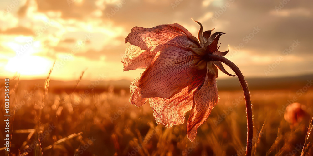 Poster a flower is in the foreground of a field with a sunset in the background