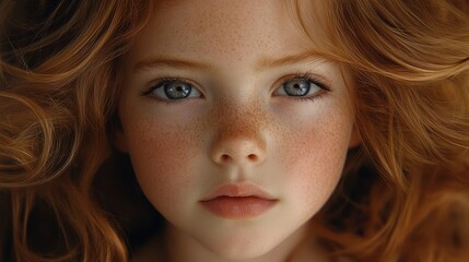Naklejka premium Sweet portrait of a young girl with auburn hair and freckles, her expression a mix of innocence and thoughtfulness. This image captures the depth and complexity of childhood emotions.