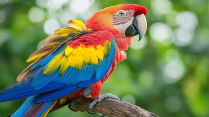 Obraz premium Vibrant scarlet macaw perched in lush green jungle, its colorful feathers standing out against blurred background
