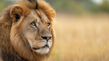 Obraz premium Powerful lion with a majestic mane gazes intensely across the golden african savanna, symbolizing untamed beauty and highlighting conservation efforts