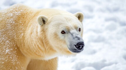 Fototapeta premium Majestic polar bear stands gracefully in a wintry landscape, gazing into the distance with a powerful presence, symbolizing the beauty and vulnerability of wildlife in the face of climate change
