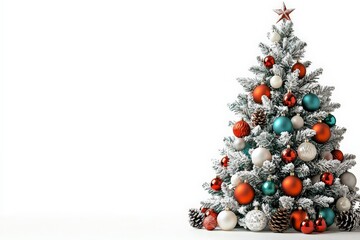 Snowy Christmas tree and pine cones on a clean white background, featuring colorful ornaments, shimmering tinsel, and frosted pine cones at the tree's base