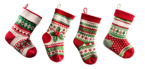 Christmas Socks Set. Christmas Wool Knitted Socks with holly, snowflakes, and geometric pattern designs Isolated on White Transparent Background, PNG Element. Christmas stocking tradition