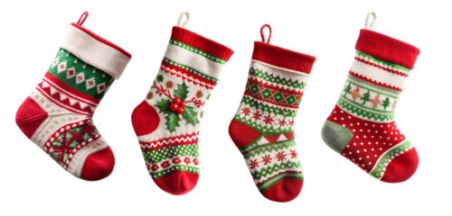 Christmas Socks Set. Christmas Wool Knitted Socks with holly, snowflakes, and geometric pattern designs Isolated on White Transparent Background, PNG Element. Christmas stocking tradition