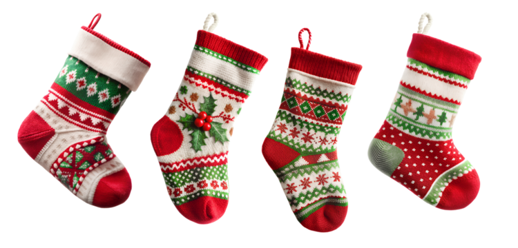 Christmas Socks Set. Christmas Wool Knitted Socks with holly, snowflakes, and geometric pattern designs Isolated on White Transparent Background, PNG Element. Christmas stocking tradition