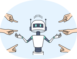 People blame robot for unemployment and point fingers at cyborg due to development artificial intelligence. Unfortunate robot is being bullied of because envy high productivity modern ai technologies