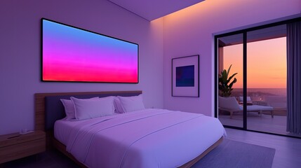 A modern bedroom with a large screen, featuring a serene sunset view through a glass door and soft ambient lighting.