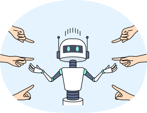 People blame robot for unemployment and point fingers at cyborg due to development artificial intelligence. Unfortunate robot is being bullied of because envy high productivity modern ai technologies