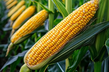 Corn plantation field with corn cobs still on the stalk, vibrant green plants stretching across the landscape, with golden corn kernels visible, ready for harvesting