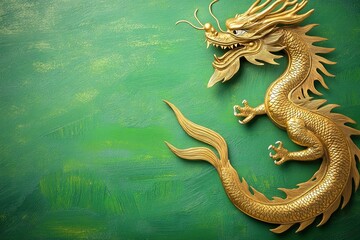 Fototapeta premium Golden dragon on green textured background with scales and whisk