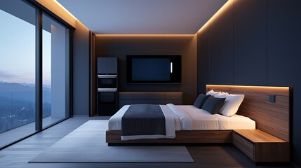 A modern bedroom with minimalist design, featuring ambient lighting, a large window view, and stylish furniture.