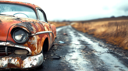 Dirty car stuck on muddy road in rural area, challenging off-road conditions