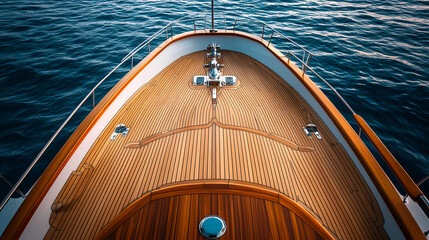 Luxury yacht deck with polished teak wood finish overlooking calm blue ocean water, highlighting marine details and sleek design