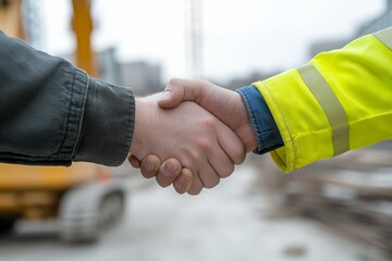 A handshake between two men on a construction site, symbolizing partnership and trust.
