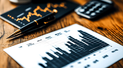 Financial data analysis with charts, pen, and calculator on wooden desk