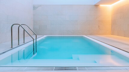 Fototapeta premium A serene indoor swimming pool with clear blue water, minimalist design, and subtle lighting for a tranquil atmosphere.