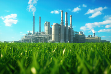 Obraz premium industrial complex, modern factory with smokestacks and green grass in front, natural gas factory, clean air, blue sky background, photorealistic
