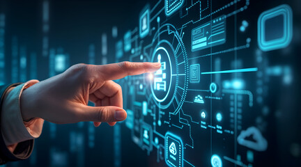 Hand Interacting with Futuristic Digital Interface Featuring Various Technology Icons and Data Elements Highlighting Cloud Computing and Connectivity