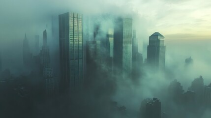 Fototapeta premium Foggy cityscape featuring towering skyscrapers partially obscured by thick, dense fog