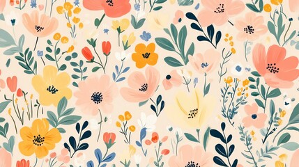 Seamless pattern of pastel-colored flowers and leaves on a cream background.