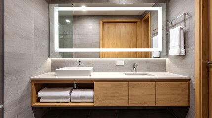 Fototapeta premium A modern bathroom with a wooden vanity, illuminated mirror, and neatly arranged towels on the counter, showcasing a clean and minimalist design.
