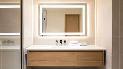 A modern bathroom featuring a sleek vanity, illuminated mirror, and neutral tones, creating a clean and inviting space.