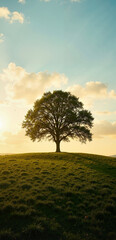 Fototapeta premium Majestic lone tree on grassy hill under golden sunlight against clear sky with copy space