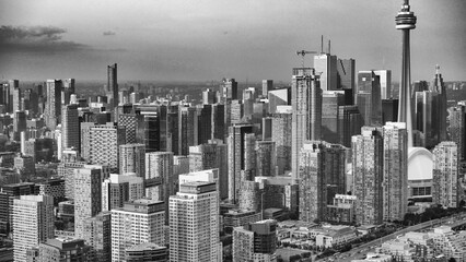 Aerial view of Toronto skyline from helicopter on a beautiful summer sunset, Ontario - Canada