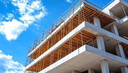 Fototapeta premium A modern construction building with scaffolding under a bright blue sky.