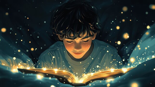 Illustration of happy boy reading a book. Japanese anime or manga style illustration of a teenager reading a novel. Drawing with lights and shadows. Handsome guy.
