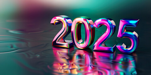 2025. Colorful gradient glass 3D sign banner. New Year celebration card invitation design. Cope space.