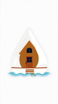 recommend clip art: Flat design vector-style image of design a minimalist house boat that will make a good lapel pin. Generative AI