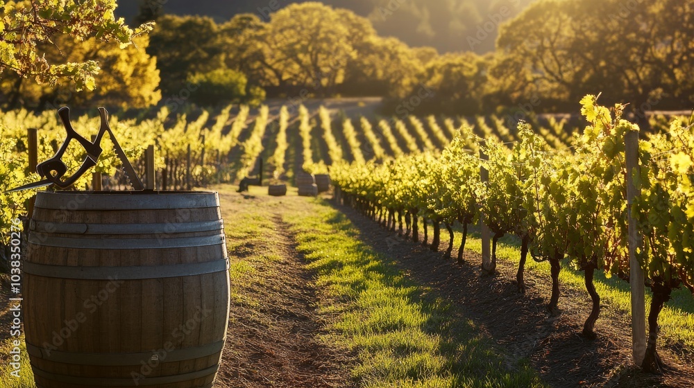 Poster A picturesque vineyard with rows of grapevines basking in afternoon sunlight, Harvesting tools and crates ready for grape picking, Winemaking tradition style