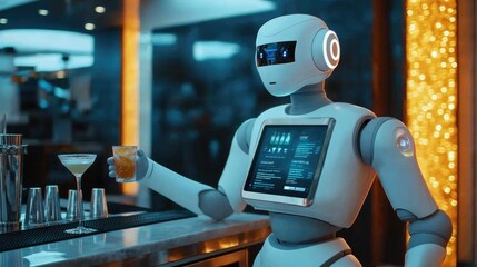 A futuristic robot bartender serves drinks in a modern bar, showcasing technology and innovation in hospitality.