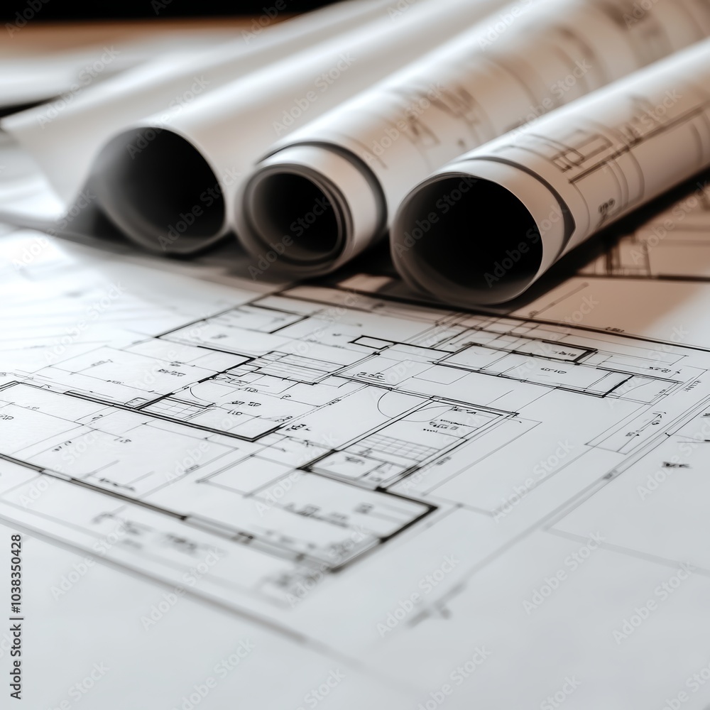 Poster close-up of architectural blueprints rolled up elegantly on a table.