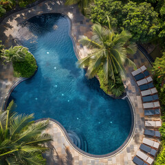 Top view of free form swimming pool in tropical count amidst nature.