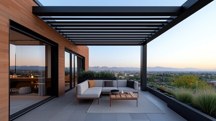 Fototapeta premium A modern outdoor patio with sleek furniture, a pergola, and scenic views of mountains and greenery during sunset.
