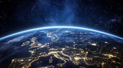 A night view of Europe from space, showing the lights of cities and towns. The Earth's atmosphere is illuminated by the stars above.