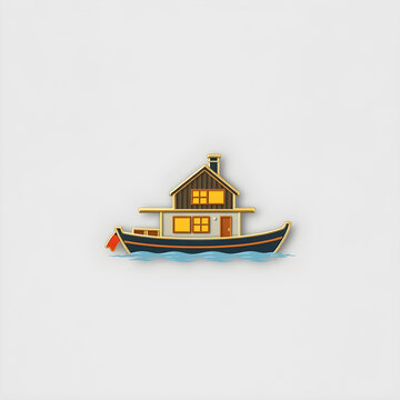 recommend clip art: Flat design vector-style image of design a minimalist house boat that will make a good lapel pin. Generative AI