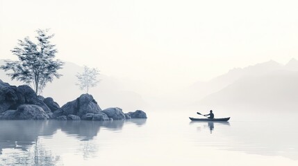 Kayaker on the river serene landscape morning time