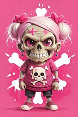 A cartoon character of a grandmother with a skull and big eyes in a playful pink outfit standing confidently on a bright pink background. Generative AI