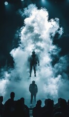 Silhouettes in fog, one man levitating.
