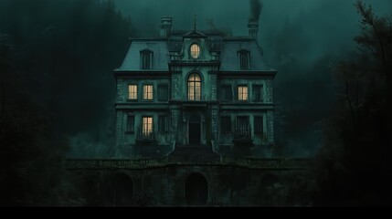Dark Mansion in Fog Surrounded by Haunted Forest