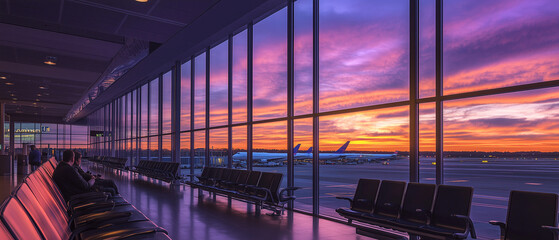 Professional Photo, The American airport during sunset, with a dark yet emotional feeling as passengers prepare for departure