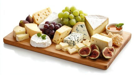 Cheese board with a selection of different types of cheese such as brie, cheddar, gouda, and blue cheese on the wooden board with honey and fruits