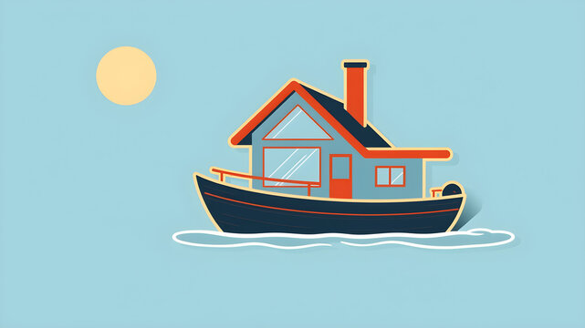 recommend clip art: Flat design vector-style image of design a minimalist house boat that will make a good lapel pin. Generative AI