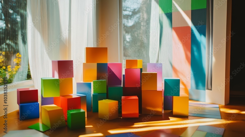 Poster a playful building blocks setup in a sunlit room, colorful blocks arranged in creative patterns, mod