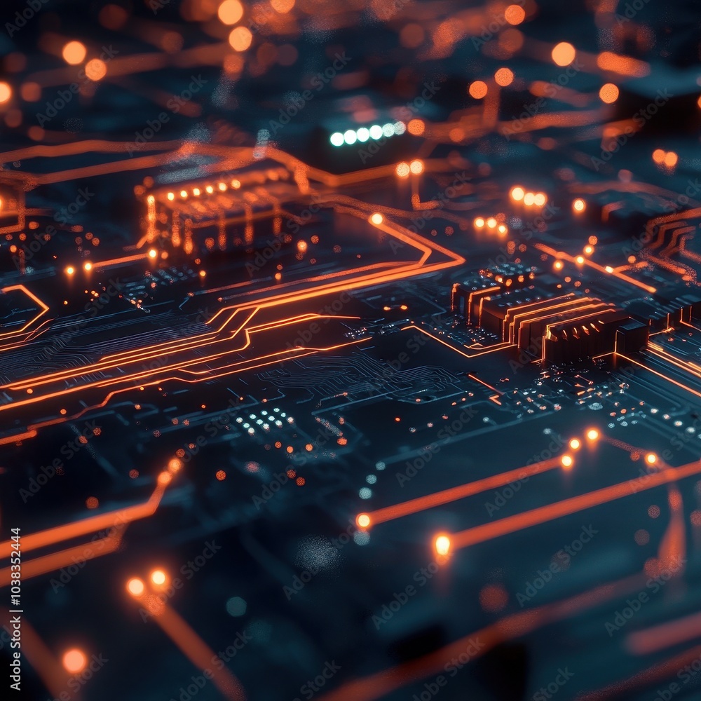 Poster abstract circuit board with glowing orange lines and luminous dots - technological background