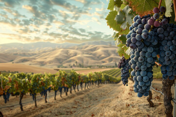 Naklejka premium A vineyard with a bunch of grapes hanging from the vines