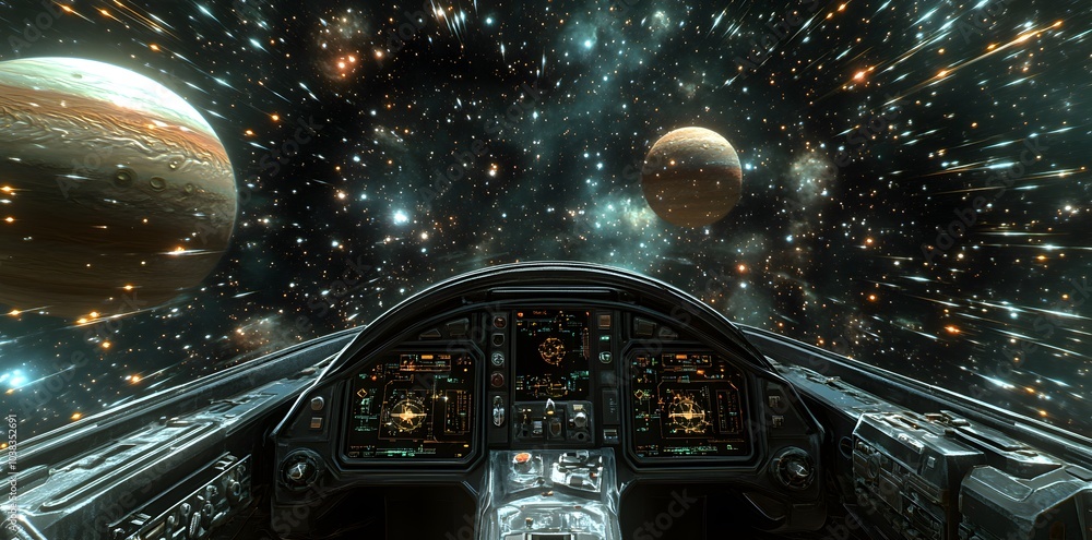 Poster a view from a spaceship cockpit traveling through space with planets in the background.